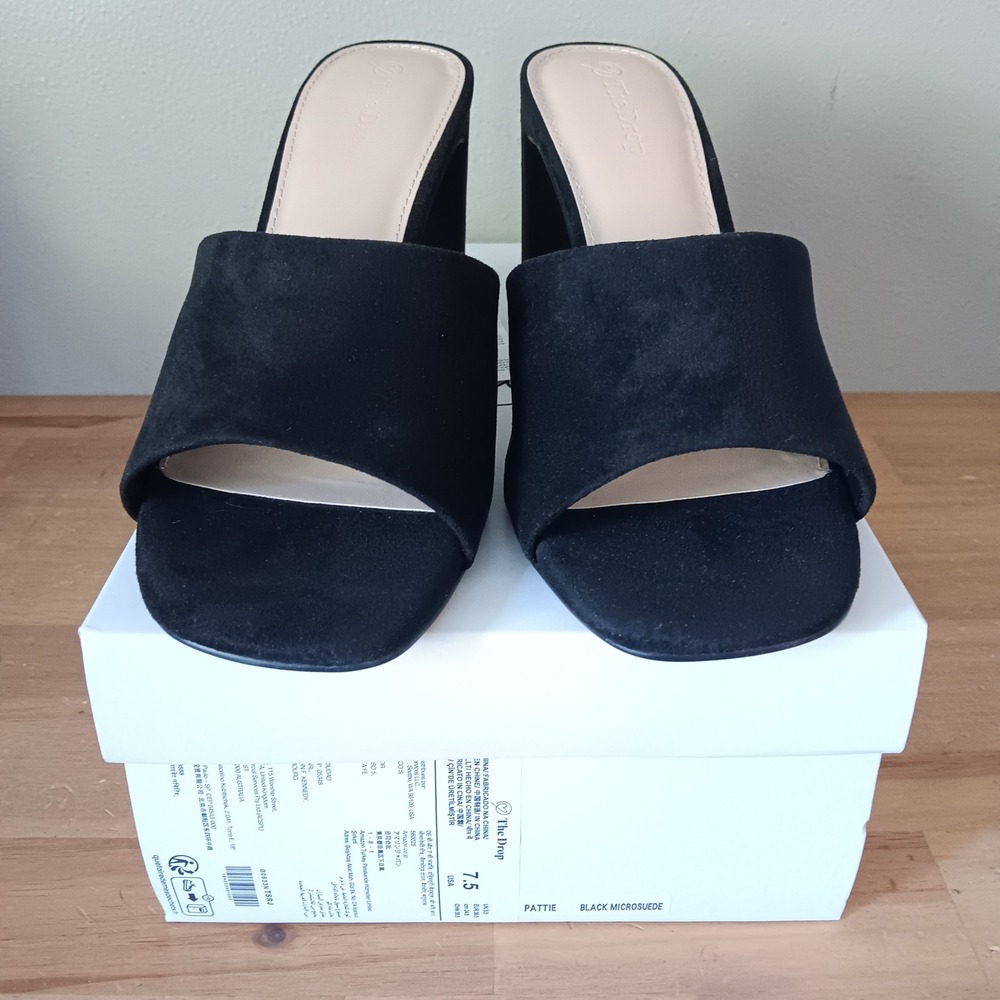 The Drop Pattie Mules Womens 7.5 Black Microsuede Block Heel Sandals NWB - Picture 2 of 7